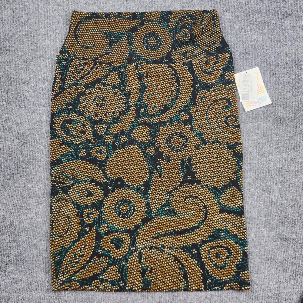 LuLaRoe Cassie Pencil Skirt‎ Small Gold Teal Paisley Geometric Stretch Midi NWT